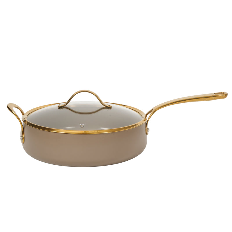 Bloomhouse 6qt Aluminum Sauté Pan w/ Lid - Cappuccino - Taupe Ceramic Non-Stick Interior - Induction - Cast Stainless Steel Gold PVD Handle - Gift Box w/ Remailer