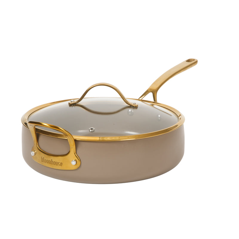 Bloomhouse 6qt Aluminum Sauté Pan w/ Lid - Cappuccino - Taupe Ceramic Non-Stick Interior - Induction - Cast Stainless Steel Gold PVD Handle - Gift Box w/ Remailer