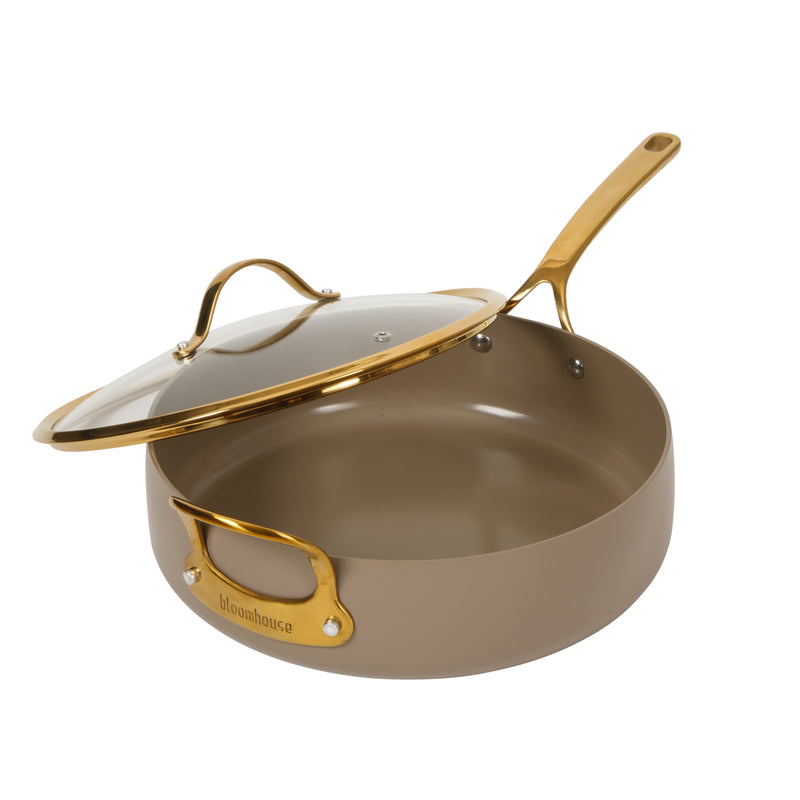 Bloomhouse 6qt Aluminum Sauté Pan w/ Lid - Cappuccino - Taupe Ceramic Non-Stick Interior - Induction - Cast Stainless Steel Gold PVD Handle - Gift Box w/ Remailer