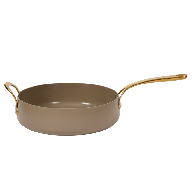 Bloomhouse 6qt Aluminum Sauté Pan w/ Lid - Cappuccino - Taupe Ceramic Non-Stick Interior - Induction - Cast Stainless Steel Gold PVD Handle - Gift Box w/ Remailer