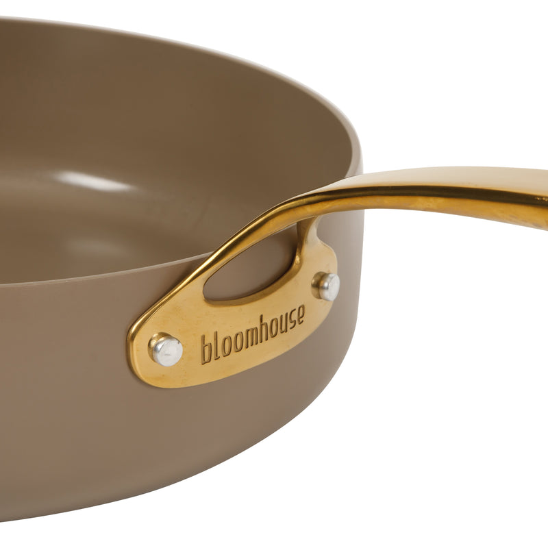 Bloomhouse 6qt Aluminum Sauté Pan w/ Lid - Cappuccino - Taupe Ceramic Non-Stick Interior - Induction - Cast Stainless Steel Gold PVD Handle - Gift Box w/ Remailer