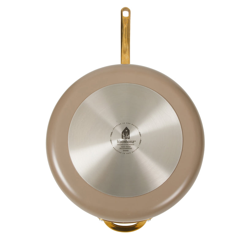 Bloomhouse 6qt Aluminum Sauté Pan w/ Lid - Cappuccino - Taupe Ceramic Non-Stick Interior - Induction - Cast Stainless Steel Gold PVD Handle - Gift Box w/ Remailer