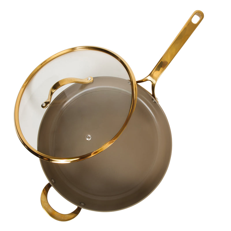 Bloomhouse 6qt Aluminum Sauté Pan w/ Lid - Cappuccino - Taupe Ceramic Non-Stick Interior - Induction - Cast Stainless Steel Gold PVD Handle - Gift Box w/ Remailer