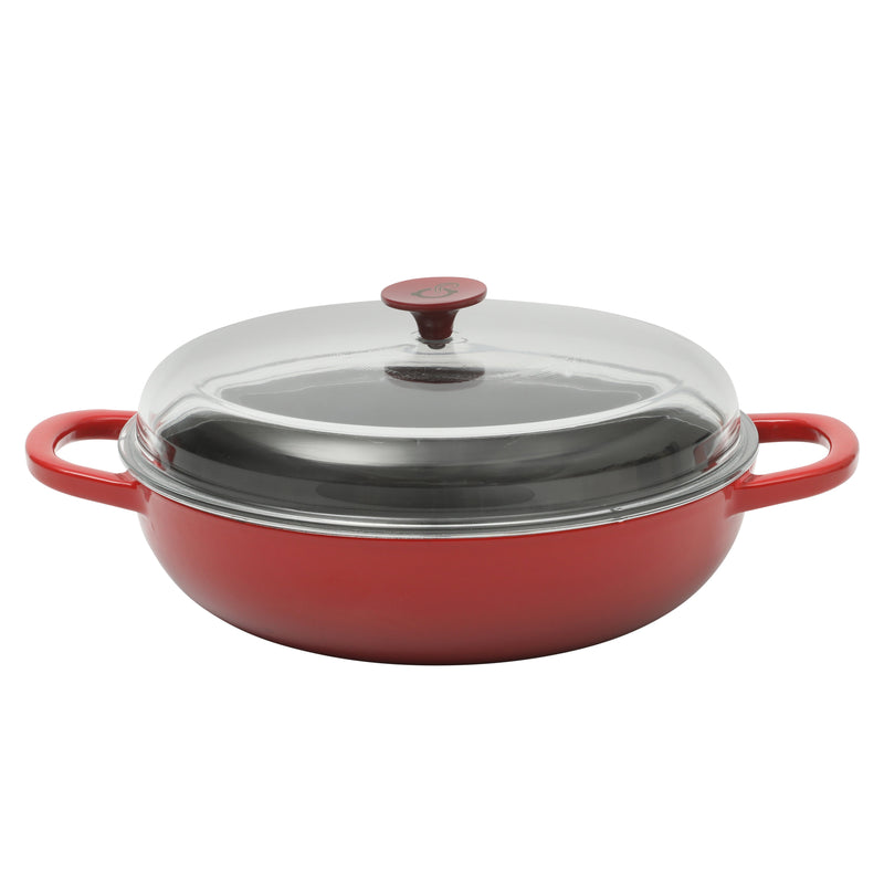 Crock-Pot Artisan Studio 4.8qt (12") Enamel Cast Iron Everyday Pan w/ Borosilicate Lid & Red Coated Knob - Gradient Red - Round - Gift Box w/ Remailer