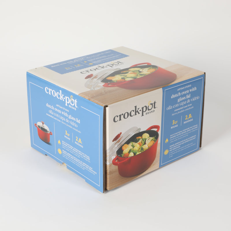Crock-Pot Artisan 3 Qt Studio Enamel Cast Iron Dutch Oven w/ Borosilicate Lid & Red Coated Knob - Gradient Red - Round - Gift Box w/ Remailer