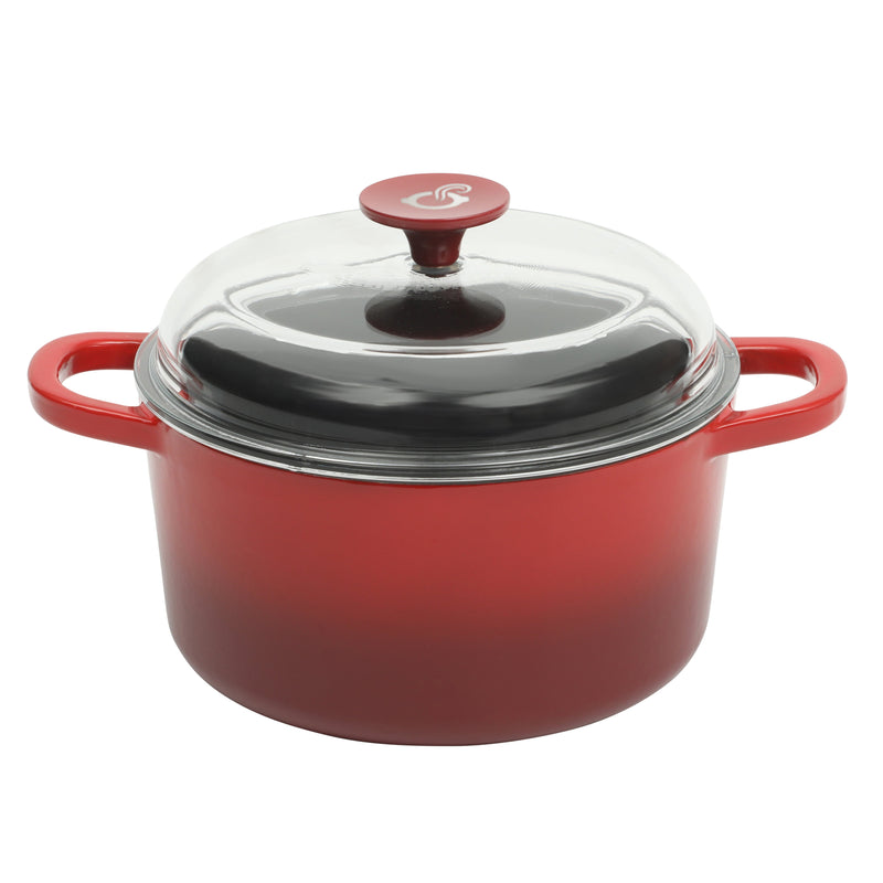 Crock-Pot Artisan 3 Qt Studio Enamel Cast Iron Dutch Oven w/ Borosilicate Lid & Red Coated Knob - Gradient Red - Round - Gift Box w/ Remailer