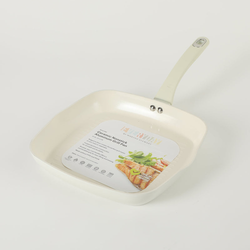 Martha Stewart Everyday Rexford 10" Forged Aluminum Grill Pan - Ceramic Nonstick Interior - Induction Base - Soft Touch Handle -Color Label: Linen