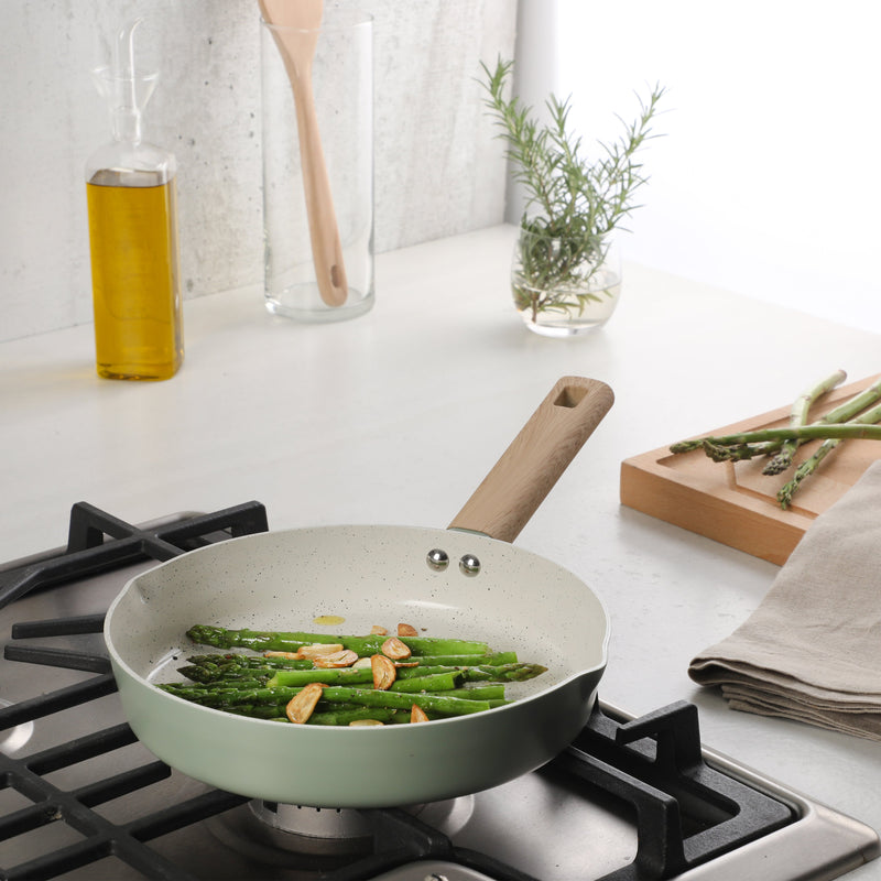 Gibson Home Marbleton 9.5" Aluminum Frying Pan - Ceramic Speckle Int - Wood Look Handle - O/S - Color Sleeve