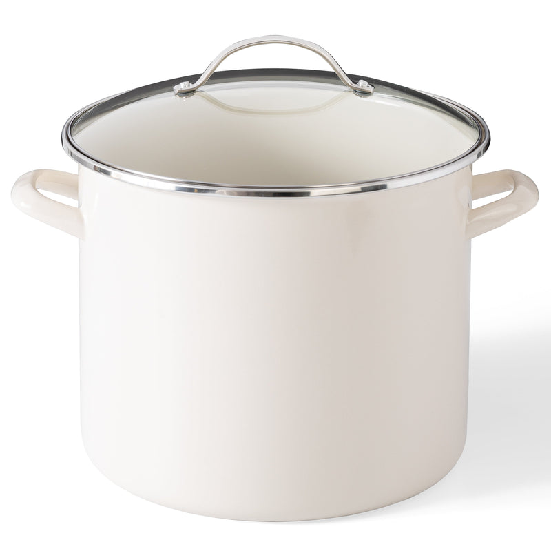 Martha Stewart Everyday Haverhill 12 qt Enamel on Steel Stock Pot w/ Lid - Linen - Enamel Exterior - Stainless Steel Handle - Color Label