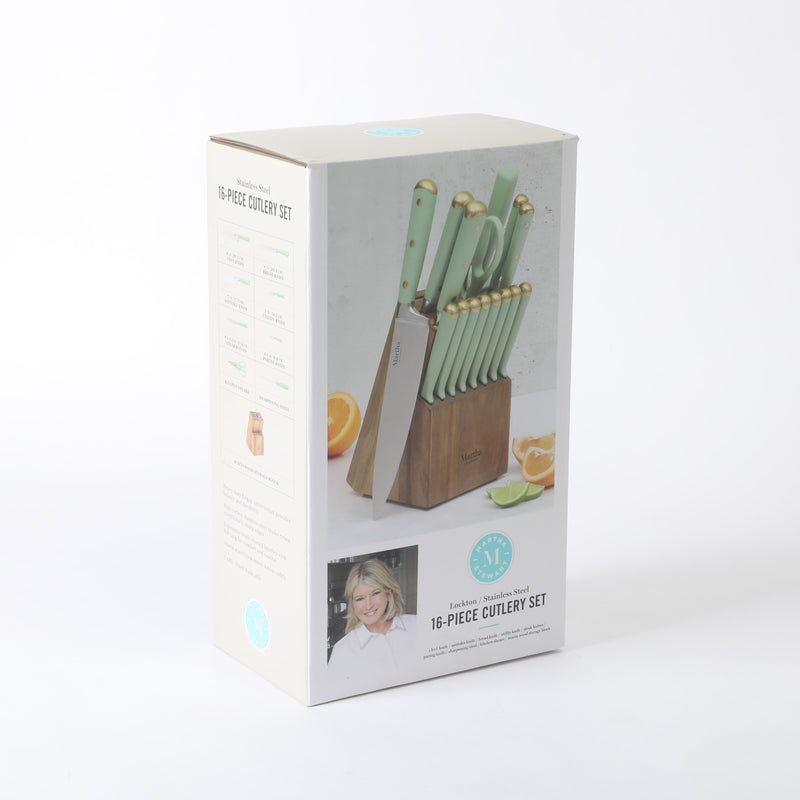 Martha Stewart Lockton 16pc Stainless Steel Cutlery Set w/ Acacia Wood Block - ABS Forged Handle - Gift Box w/ Remailer