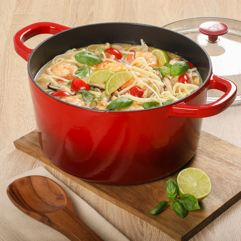 Crock-Pot Artisan Studio 7qt Enamel Cast Iron Dutch Oven w/ Borosilicate Lid & Red Coated Knob - Gradient Red - Round - Gift Box w/ Remailer