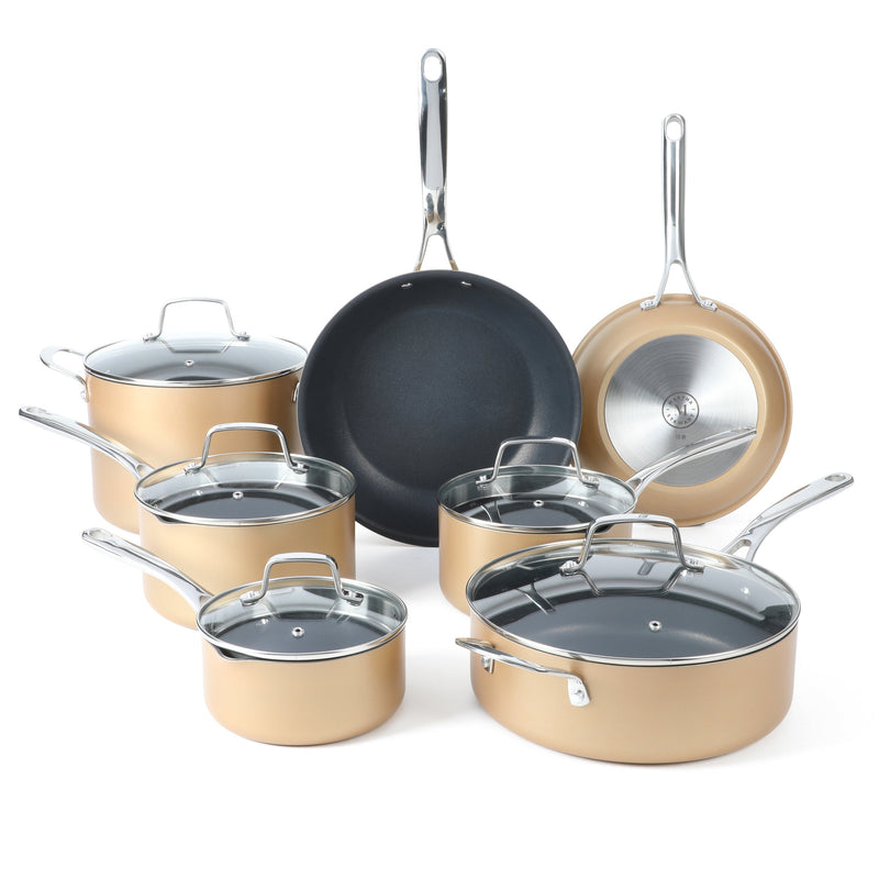Martha Stewart Rittenhouse 12pc Hard Anodized Aluminum Cookware Set w/ Glass Lids - Bronze - Non-Stick Interior - Stainless Steel Induction Base - Cast Handle - Gift Box w/ Remailer