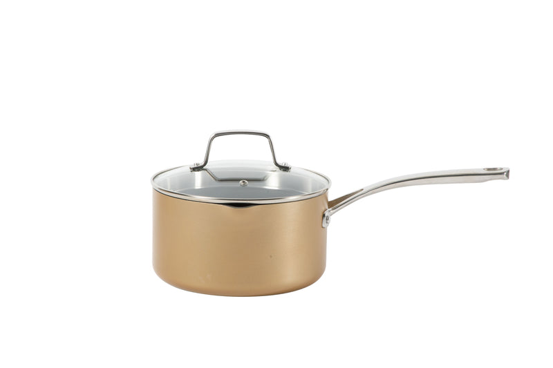 Martha Stewart Rittenhouse 12pc Hard Anodized Aluminum Cookware Set w/ Glass Lids - Bronze - Non-Stick Interior - Stainless Steel Induction Base - Cast Handle - Gift Box w/ Remailer