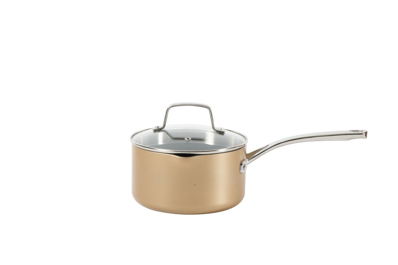 Martha Stewart Rittenhouse 12pc Hard Anodized Aluminum Cookware Set w/ Glass Lids - Bronze - Non-Stick Interior - Stainless Steel Induction Base - Cast Handle - Gift Box w/ Remailer