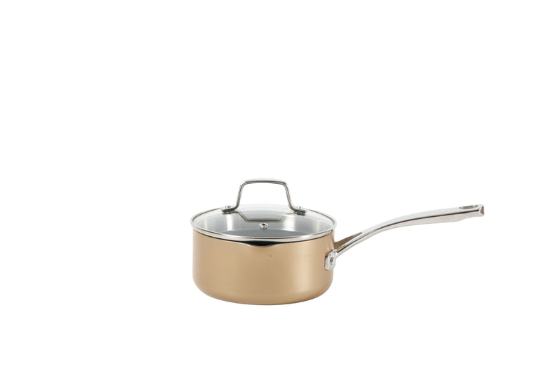 Martha Stewart Rittenhouse 12pc Hard Anodized Aluminum Cookware Set w/ Glass Lids - Bronze - Non-Stick Interior - Stainless Steel Induction Base - Cast Handle - Gift Box w/ Remailer