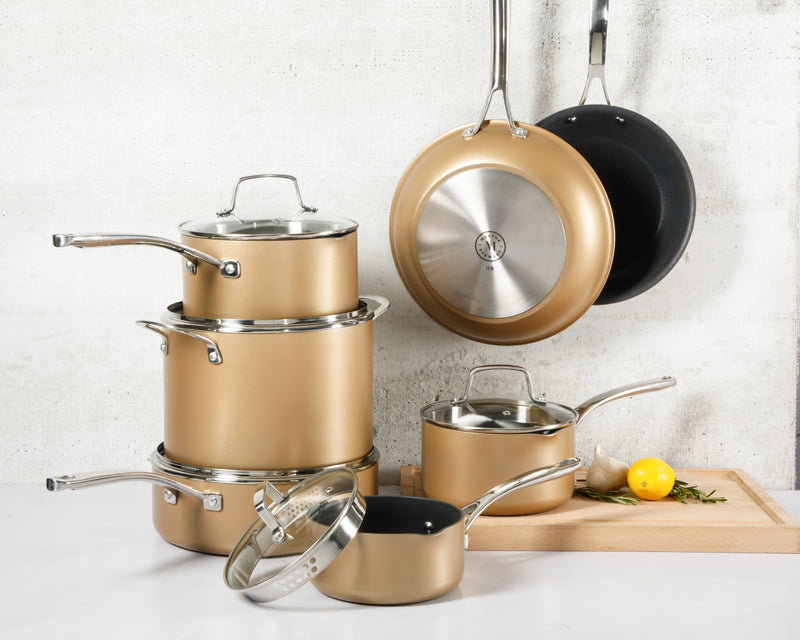 Martha Stewart Rittenhouse 12pc Hard Anodized Aluminum Cookware Set w/ Glass Lids - Bronze - Non-Stick Interior - Stainless Steel Induction Base - Cast Handle - Gift Box w/ Remailer