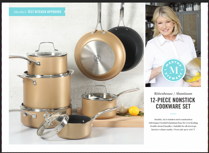 Martha Stewart Rittenhouse 12pc Hard Anodized Aluminum Cookware Set w/ Glass Lids - Bronze - Non-Stick Interior - Stainless Steel Induction Base - Cast Handle - Gift Box w/ Remailer