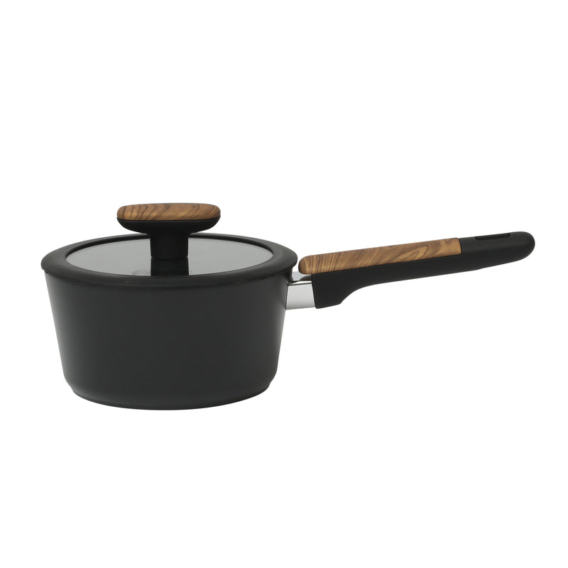 Oster Oxburg 14pc Aluminum Cookware Combo Set - Matte Black - Nonstick Interior - Induction Base - Black 2 Tone Soft Touch Wooden Handle - Gift Box w/ Remailer