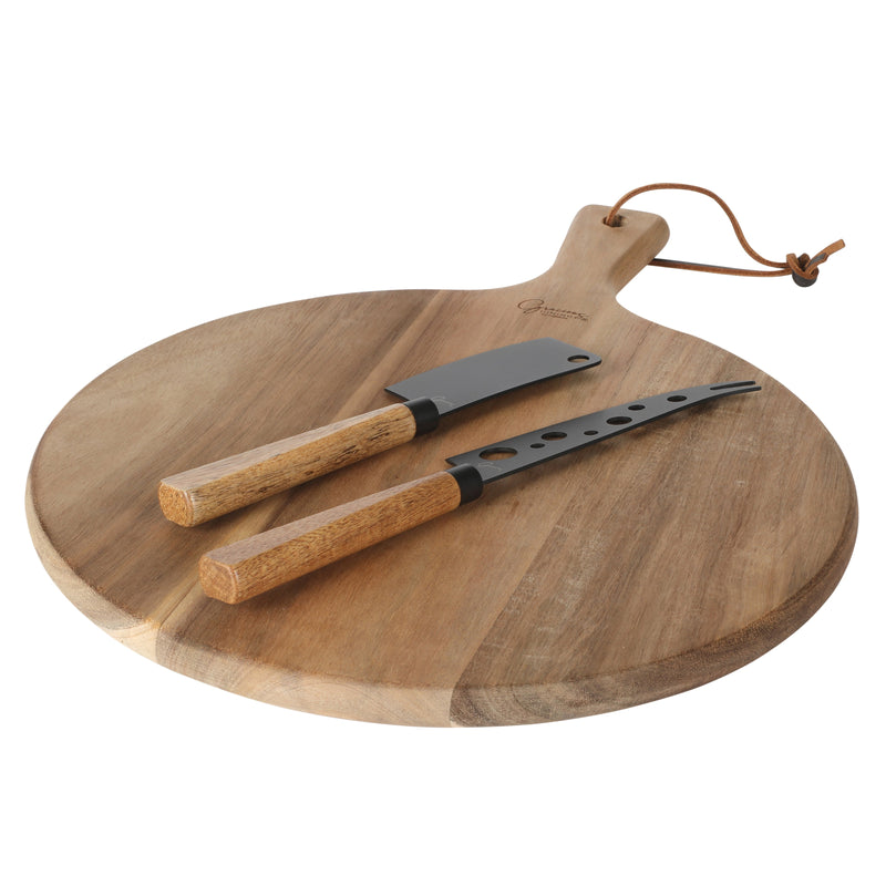 Gibson Elite Gracious Dining 2pc Cheese Knives w/ Leather Hang Rope Serving Board - Matte Black Coated Stainless Steel Blade - Acacia Handle - Clam Pack w/ Window Box
