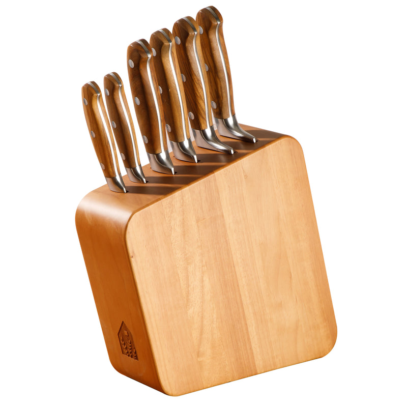 Bloomhouse 7pc German Steel Cutlery Set w/ Wood Block - Olive Wood Forged Handle - Stainless Steel - Gift Box w/ Remailer