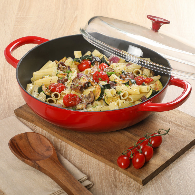 Crock-Pot Artisan Studio 4.8qt (12") Enamel Cast Iron Everyday Pan w/ Borosilicate Lid & Red Coated Knob - Gradient Red - Round - Gift Box w/ Remailer