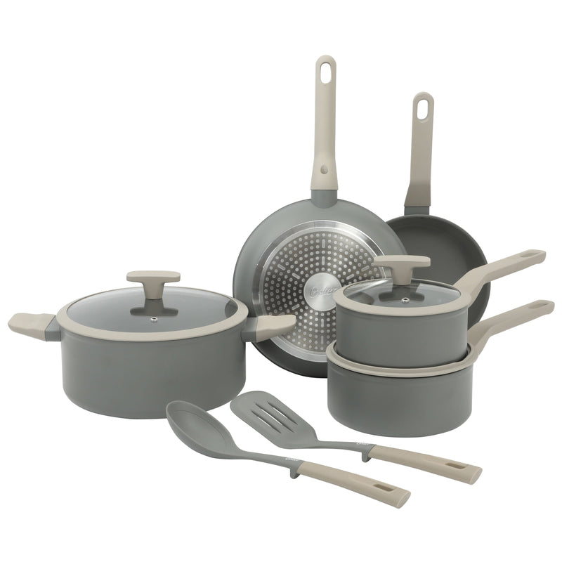 Oster Ambrose 10pc Forged Aluminum Cookware Set w/ Kitchen Tools - Taupe - Nonstick Interior - Induction Base - Silicone Rim Glass Lid - Soft Touch Handle - Gift Box w/ Remailer