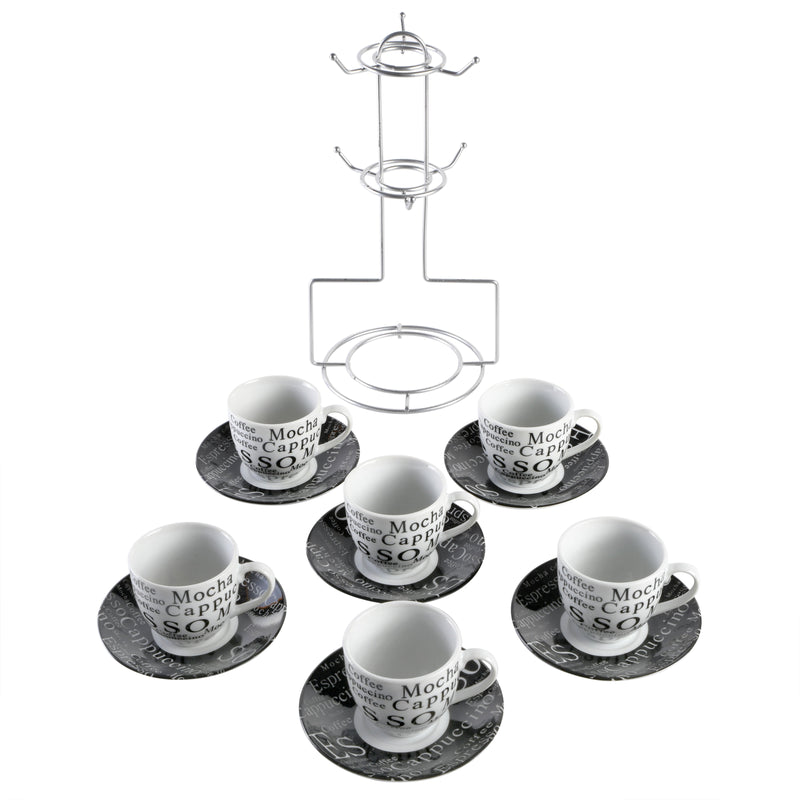 Gibson Home Espresso Expressions 12pc 2.7oz Espresso Cup & Saucer Set w/ Metal Caddy - White/Black - Gift Box