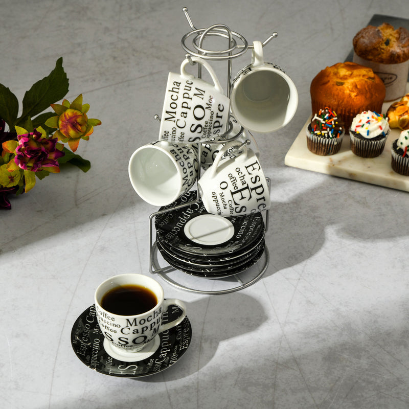 Gibson Home Espresso Expressions 12pc 2.7oz Espresso Cup & Saucer Set w/ Metal Caddy - White/Black - Gift Box