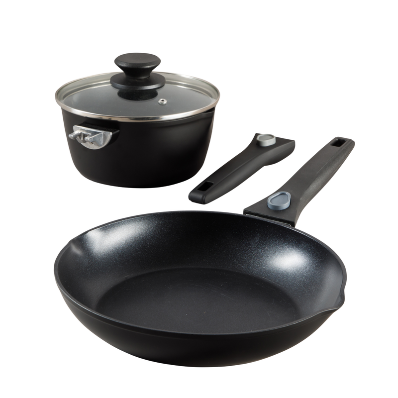 Oster Smarthandle Advance 4pc Forged Aluminum 1.8 qt Sauce Pan w/ Lid & 10" Frying Pan w/ Detachable Handle - Matte Black - Non-Stick Interior - Induction Base - Bakelite Handle - Gift Box (Open Window)