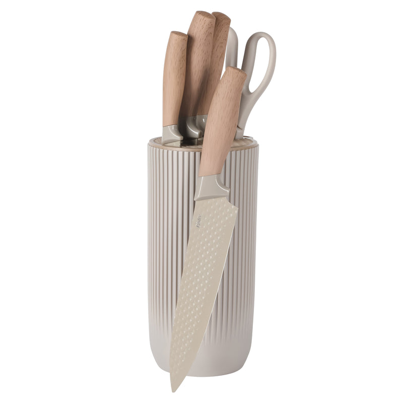 Oster Gunderson 6 pc Stainless Steel Cutlery Set w/ Round Stand - Taupe Diamond Embossed Blade - Wood Look Handle  - GBX w/ Remailer