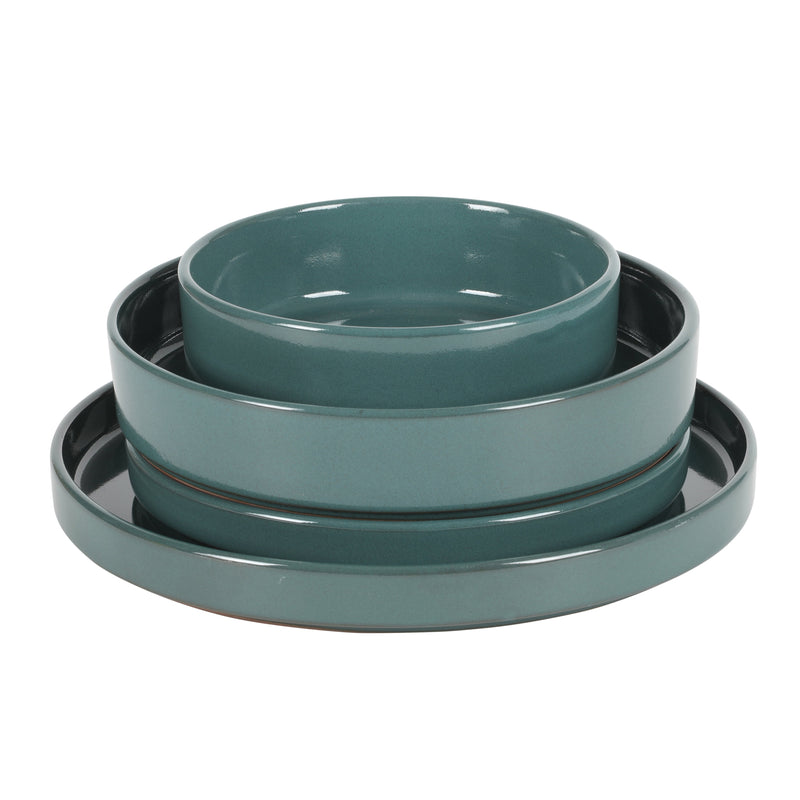 Bloomhouse Santorini Mist 16pc Terracotta Double Bowl Dinnerware Set - Reactive Glaze - Gift Box w/ Remailer