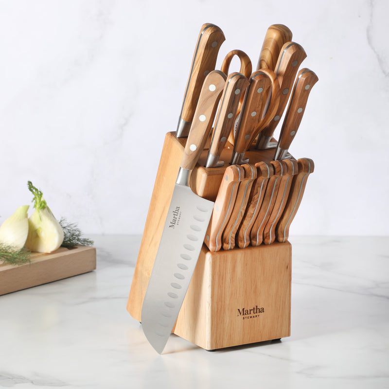 Martha Stewart Austenwood 15 pc Stainless Steel Cutlery Set - German Steel Blade - Olive Wood Handle - GBX w/ Remailer