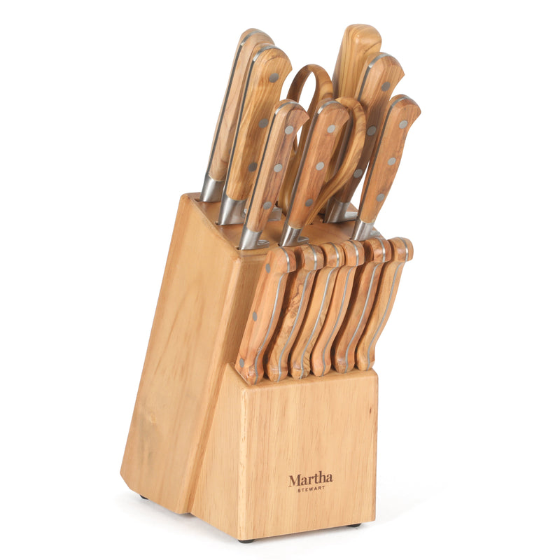 Martha Stewart Austenwood 15 pc Stainless Steel Cutlery Set - German Steel Blade - Olive Wood Handle - GBX w/ Remailer