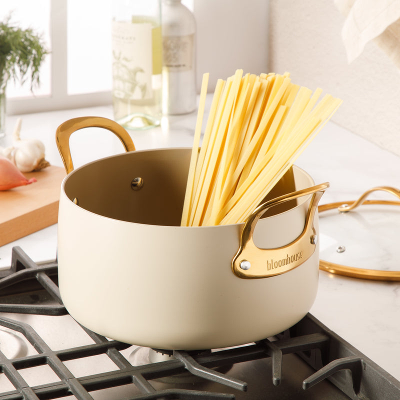 Bloomhouse 6qt Aluminum Dutch Oven w/ Lid - Linen - Taupe Ceramic Interior - Nonstick - Induction - Cast Stainless Steel Gold PVD Handle - Gift Box w/ Remailer
