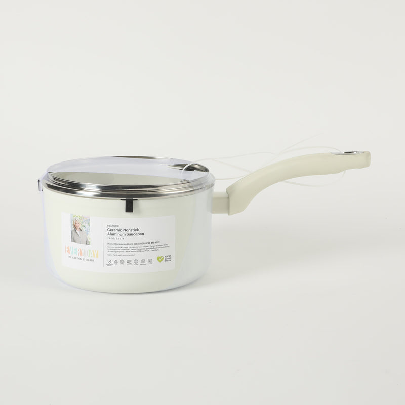 Martha Stewart Everyday Rexford 2.6qtForged Aluminum Saucepan w/ Lid - Ceramic Nonstick - Induction Base - Soft Touch Handle - Color Label: Linen