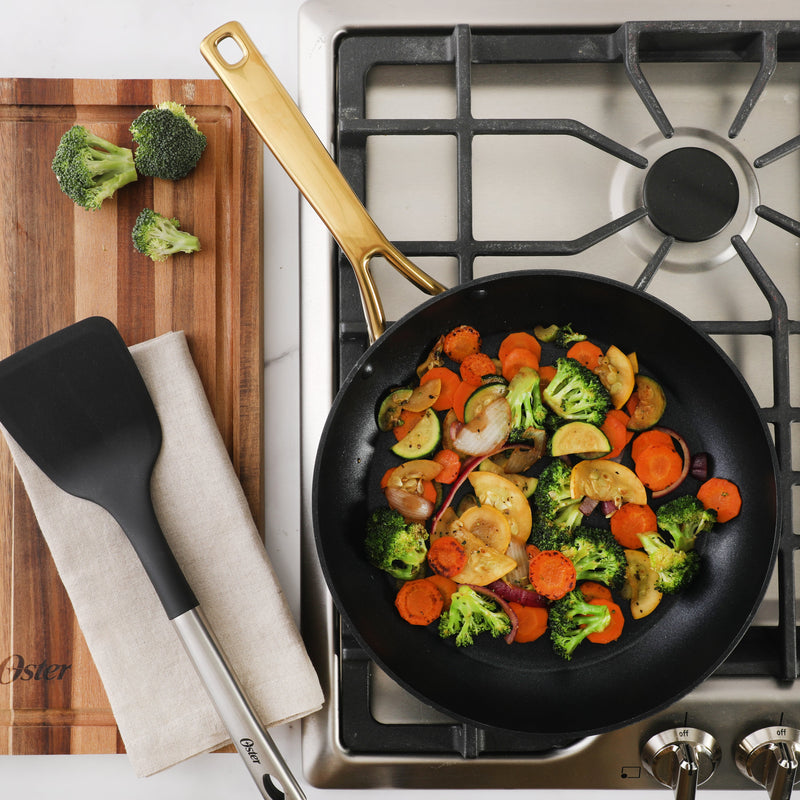 Oster Abbottsford 11" Aluminum Frying Pan - Matte Black Stripe - Nonstick - CD Bottom - Stainless Steel Gold Handle - Color Sleeve