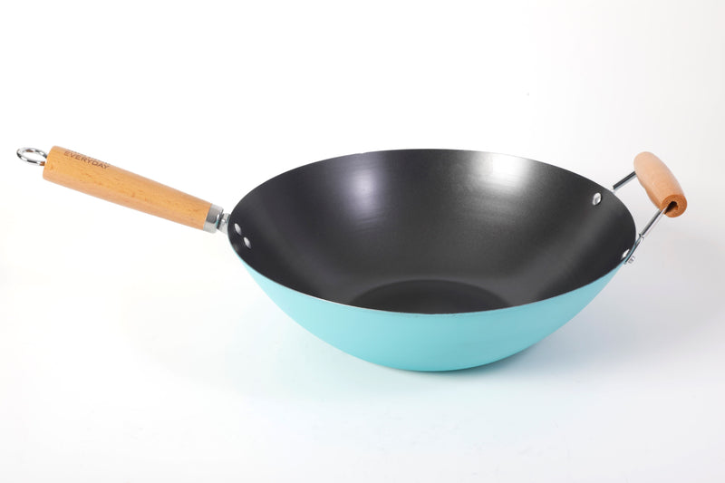 Martha Stewart Everyday Clarkston 10" Non-Stick Steel Wok w/ Helper Handle - Teal - Black Interior - Wood Handle - Color Sleeve