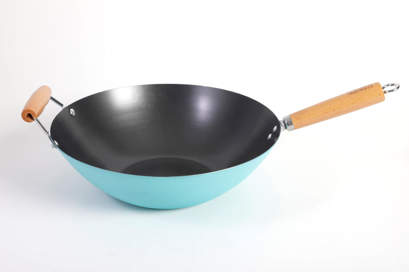 Martha Stewart Everyday Clarkston 10" Non-Stick Steel Wok w/ Helper Handle - Teal - Black Interior - Wood Handle - Color Sleeve
