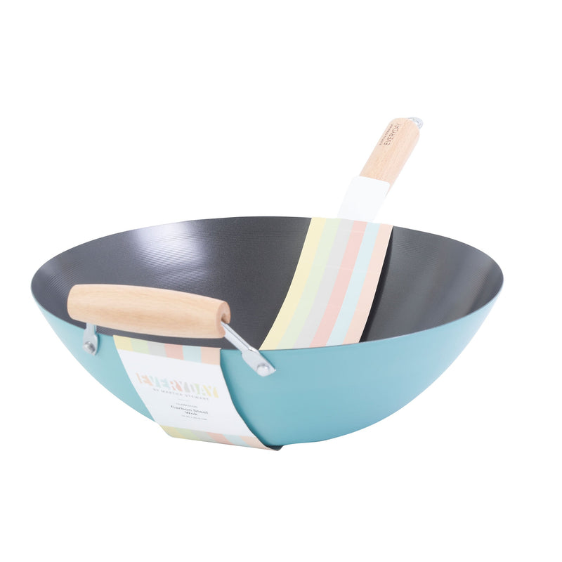 Martha Stewart Everyday Clarkston 10" Non-Stick Steel Wok w/ Helper Handle - Teal - Black Interior - Wood Handle - Color Sleeve