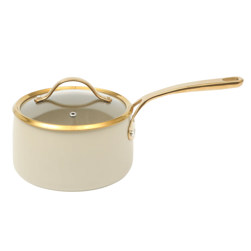 Bloomhouse 8pc Aluminum Cookware Set - Linen - Taupe Ceramic Interior - Nonstick - Gold PVD Stainless Steel Rim Glass Lid - Induction - Cast Stainless Steel Gold PVD Handle - Gift Box w/ Remailer