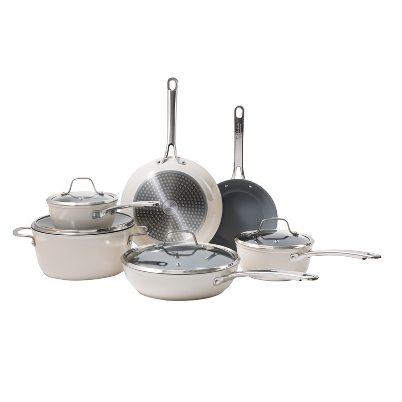 Sur la Table Kitchen Essentials Gourmet Cuisine 10pc Forged Aluminum Cookware Set w/ Glass Lid - Grey Ceramic Titanium Interior - Induction Base - Stainless Steel Hollow Handle - Gift Box w/ Remailer