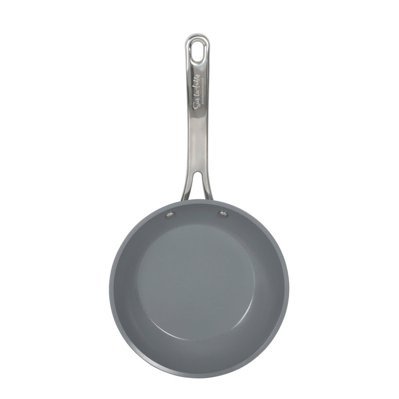 Sur La Table Kitchen Essentials Gourmet Cuisine 8" Forged Aluminum Frying Pan - Grey Ceramic Titanium Interior - Induction Base - Stainless Steel Hollow Handle - Color Sleeve
