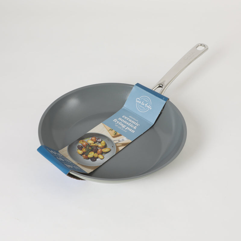 Sur La Table Kitchen Essentials Gourmet Cuisine 10" Forged Aluminum Frying Pan - Grey Ceramic Titanium Interior - Induction Base - Stainless Steel Hollow Handle - Color Sleeve