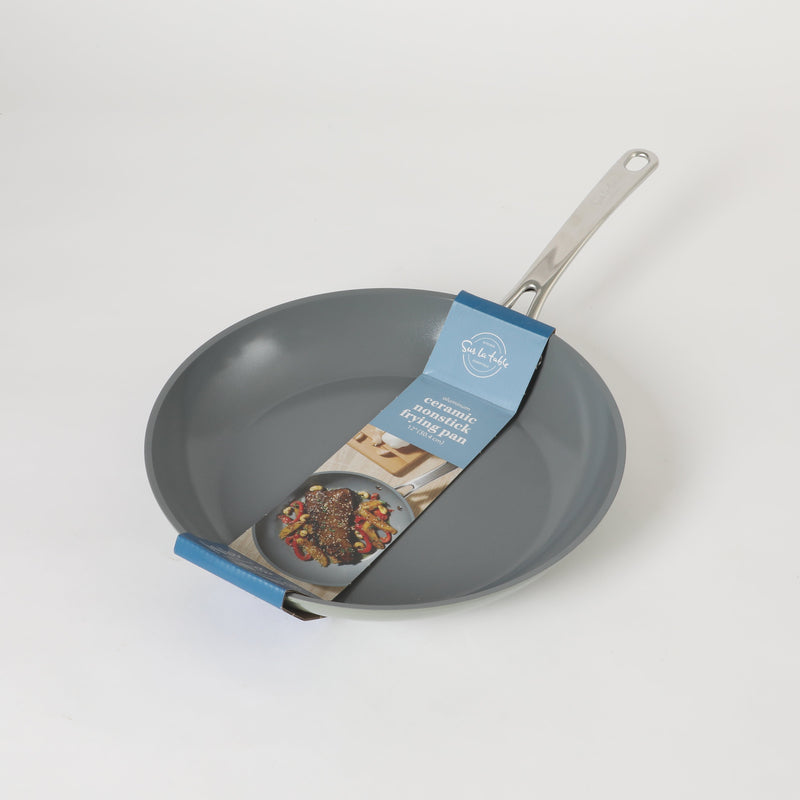 Sur La Table Kitchen Essentials Gourmet Cuisine 12" Forged Aluminum Frying Pan - Grey Ceramic Titanium Interior - Induction Base - Stainless Steel Hollow Handle - Color Sleeve