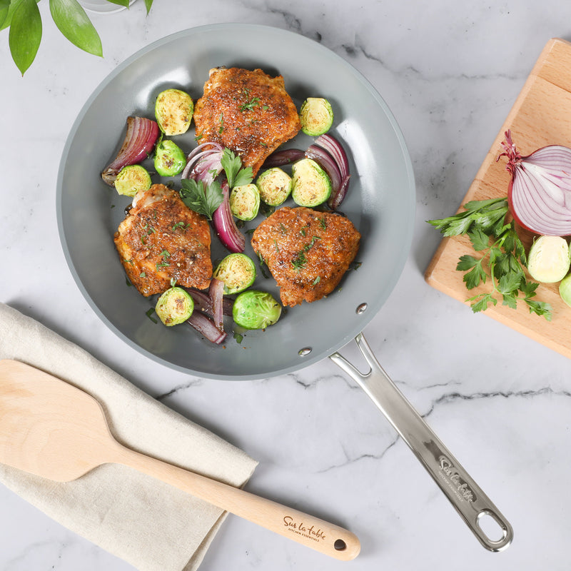 Sur La Table Kitchen Essentials Gourmet Cuisine 12" Forged Aluminum Frying Pan - Grey Ceramic Titanium Interior - Induction Base - Stainless Steel Hollow Handle - Color Sleeve