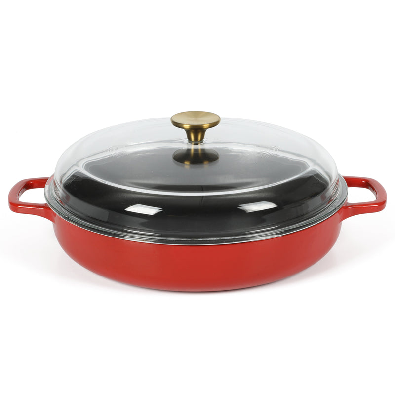 Sur la Table Kitchen Essentials Supper Club 3.75qt Enamel Cast Iron Everyday Pan w/ Borosilicate Lid - Matte Black Enamel Interior - Stainless Steel Knob - Color Sleeve w/ Remailer