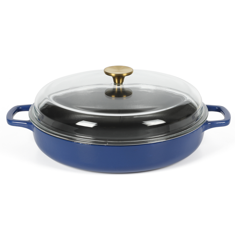 Sur la Table Kitchen Essentials Supper Club 3.75qt Enamel Cast Iron Everyday Pan w/ Borosilicate Lid - Matte Black Enamel Interior - Stainless Steel Knob - Color Sleeve w/ Remailer