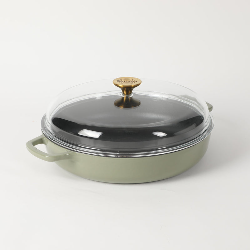 Sur la Table Kitchen Essentials Supper Club 3.75qt Enamel Cast Iron Everyday Pan w/ Borosilicate Lid - Matte Black Enamel Interior - Stainless Steel Knob - Color Sleeve w/ Remailer
