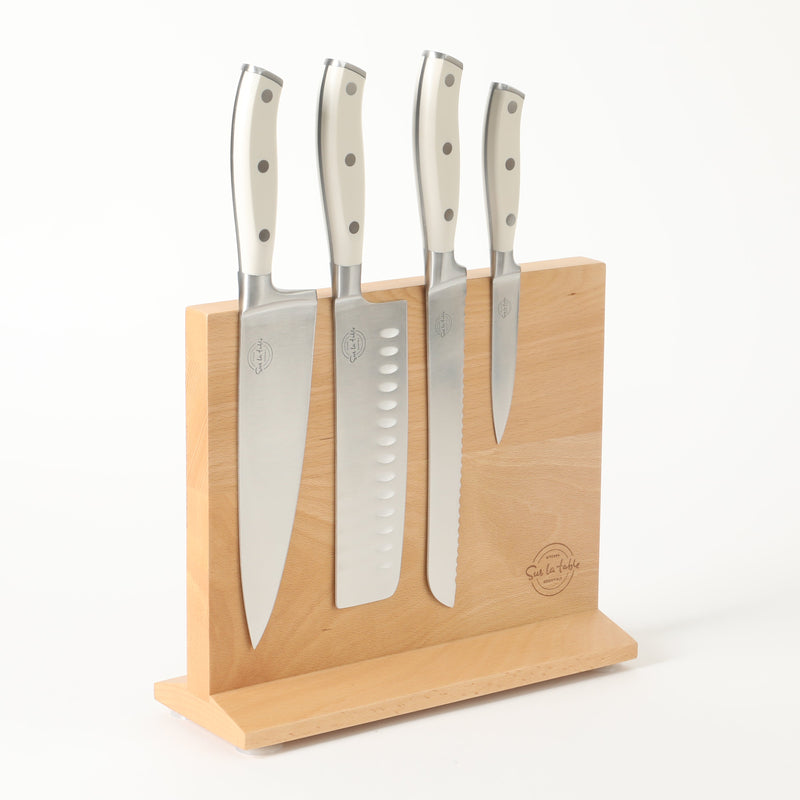 Sur la Table Kitchen Essentials Tasting Kitchen 5pc Stainless Steel Cutlery Set w/ Beechwood Magnetic Stand - Plastic Handle - Gift Box w/ Remailer