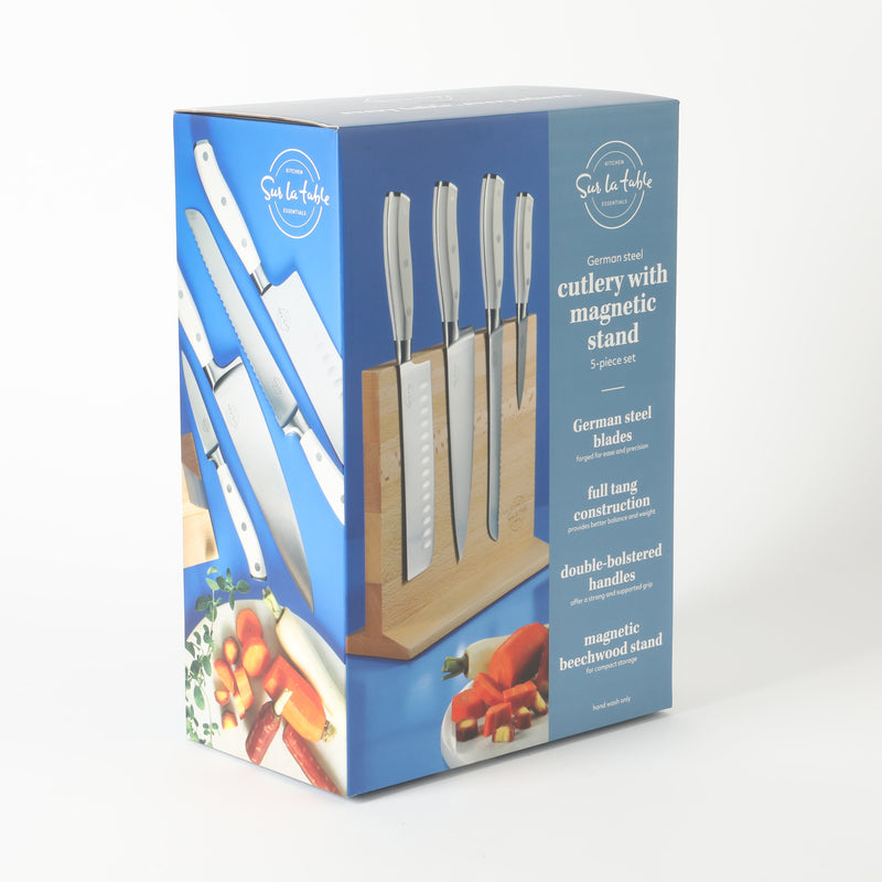Sur la Table Kitchen Essentials Tasting Kitchen 5pc Stainless Steel Cutlery Set w/ Beechwood Magnetic Stand - Plastic Handle - Gift Box w/ Remailer